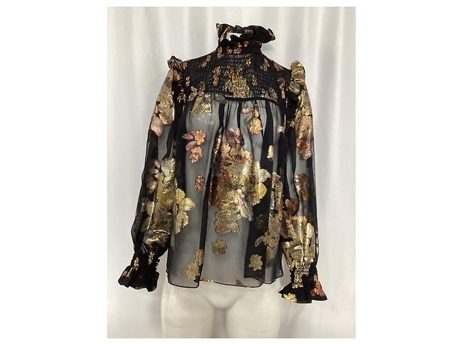Blusa de seda preta com gola alta adornada com flores Saint Laurent - vista 8