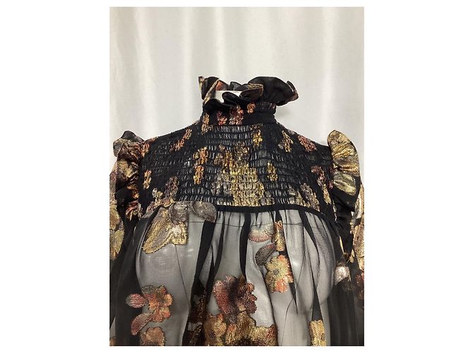 Blusa de seda preta com gola alta adornada com flores Saint Laurent - vista 9