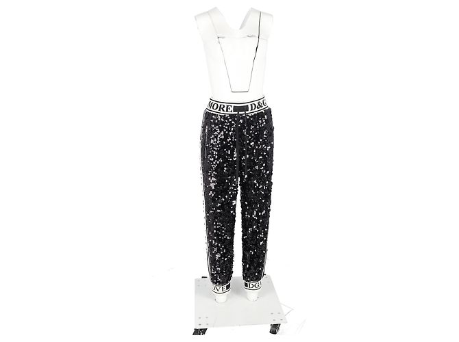 Pantalons de survêtement à cordon de serrage en polyester noir avec sequins Dolce & Gabbana - vue 4
