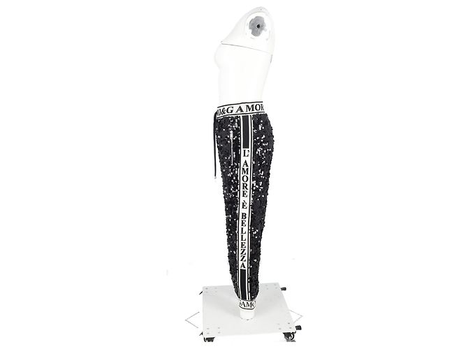 Pantalons de survêtement à cordon de serrage en polyester noir avec sequins Dolce & Gabbana - vue 5