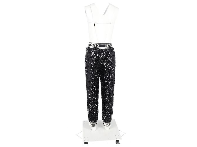 Pantalons de survêtement à cordon de serrage en polyester noir avec sequins Dolce & Gabbana - vue 6