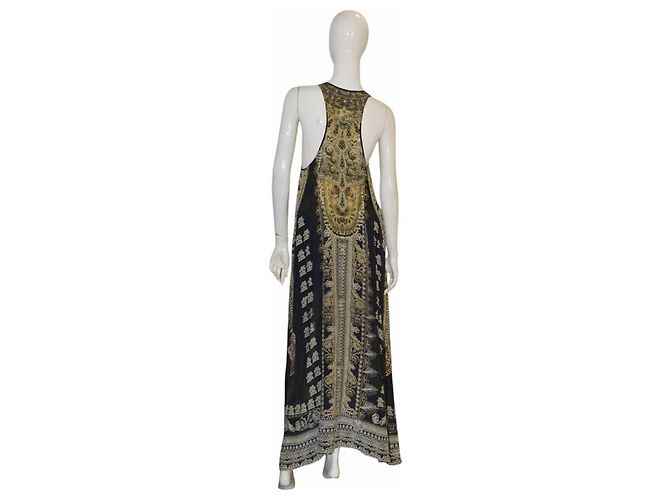 Vestido de verão longo sem mangas em seda 100% estampada e com contas, decote em V e costas nadador Camilla Azul - vista 2