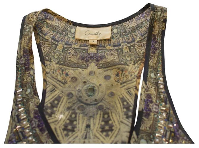 Vestido de verão longo sem mangas em seda 100% estampada e com contas, decote em V e costas nadador Camilla Azul - vista 3
