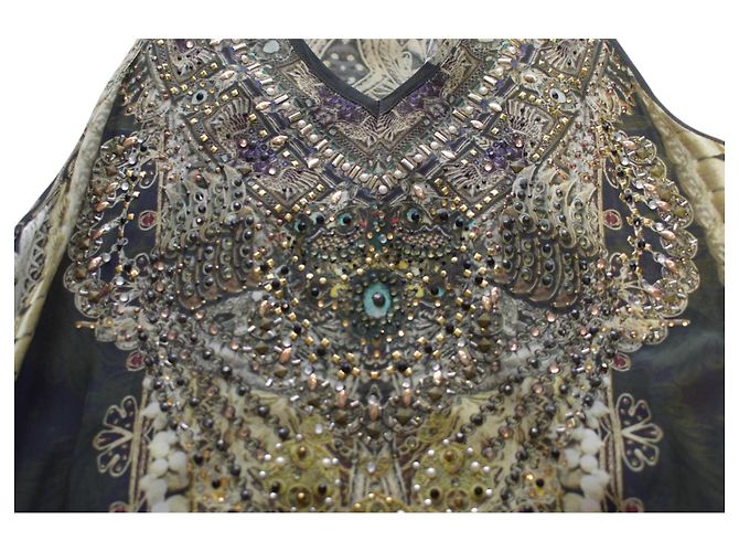 Vestido de verão longo sem mangas em seda 100% estampada e com contas, decote em V e costas nadador Camilla Azul - vista 5