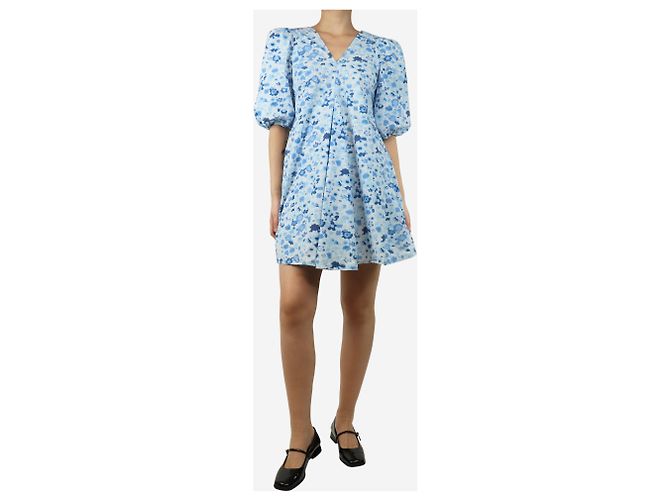 Ganni Blaues Mini-Kleid mit puffärmel und Blumenmuster - Größe UK 8 - Ansicht 3