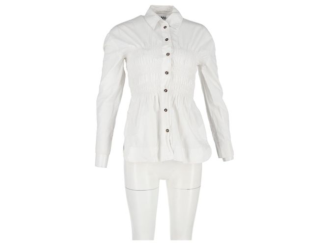 Camicia a maniche lunghe arricciata Ganni in cotone bianco Crudo - vista 4