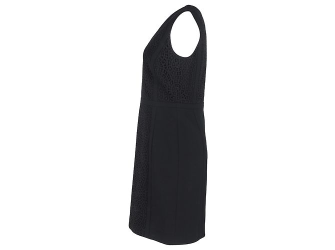 Hugo Boss Midi-V-Ausschnitt-Kleid aus schwarzer Wolle mit Spitzendetails - Ansicht 2