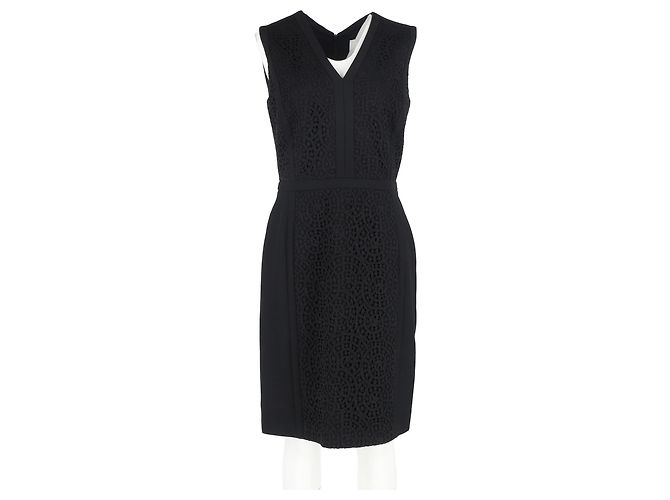 Hugo Boss Midi-V-Ausschnitt-Kleid aus schwarzer Wolle mit Spitzendetails - Ansicht 4