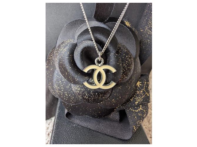 Chanel CC 05V Logo Ecru Emaille klassisch SHW Vintage Halskette Box Silber - Ansicht 2