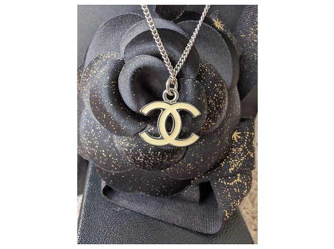 Chanel CC 05V Logo Ecru Emaille klassisch SHW Vintage Halskette Box Silber - Ansicht 3