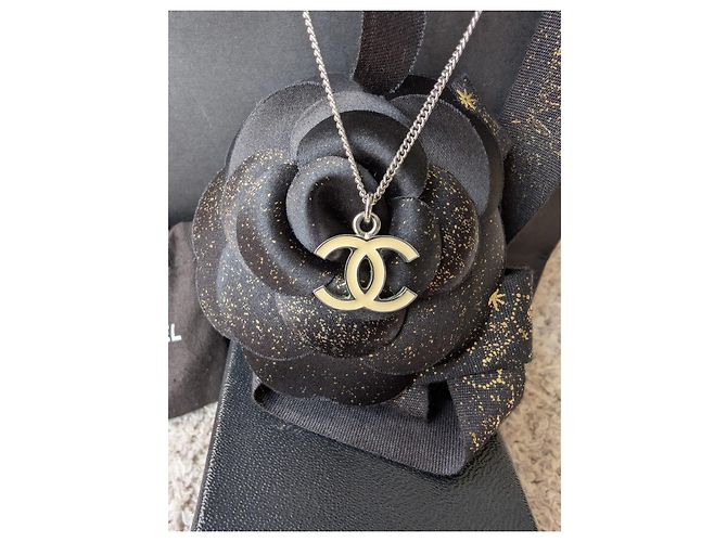 Chanel CC 05V Logo Ecru Emaille klassisch SHW Vintage Halskette Box Silber - Ansicht 5