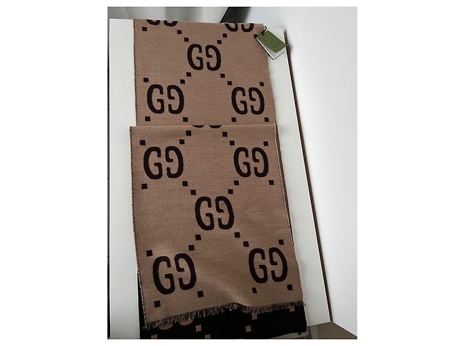 Sciarpa Gucci motivo GG lana e seta marrone beige - vista 10