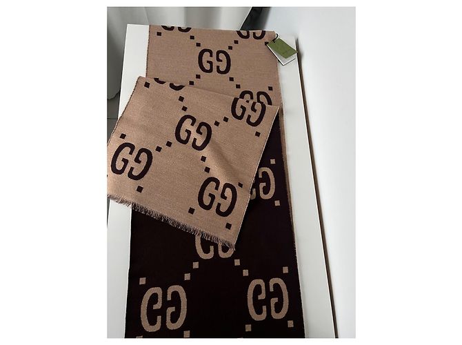 Sciarpa Gucci motivo GG lana e seta marrone beige - vista 11