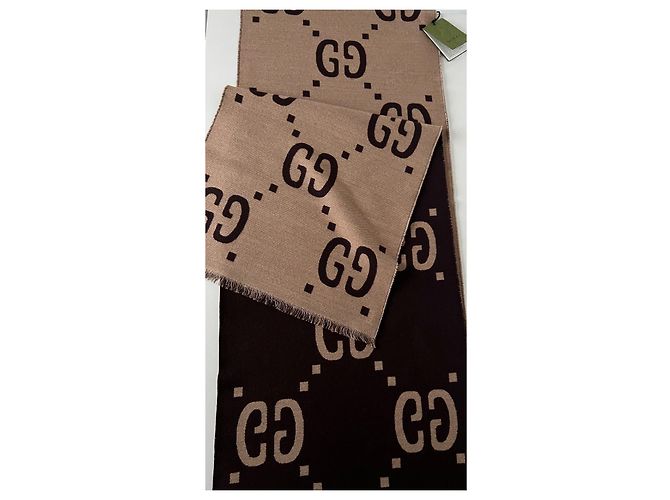 Sciarpa Gucci motivo GG lana e seta marrone beige - vista 12