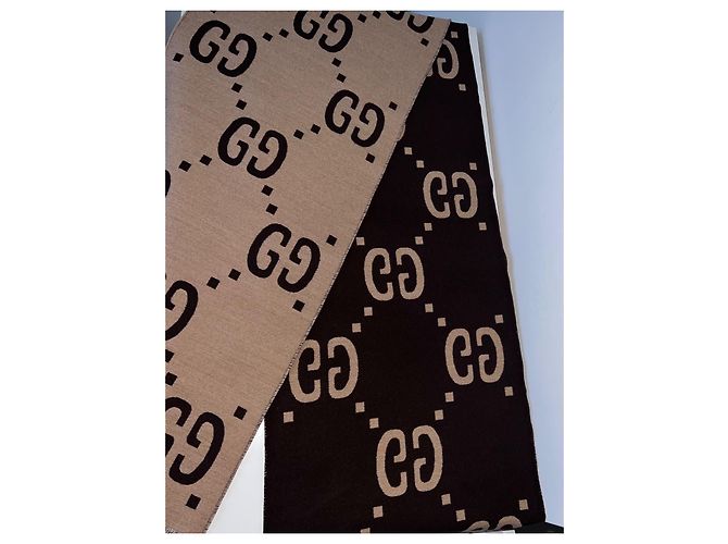 Sciarpa Gucci motivo GG lana e seta marrone beige - vista 2
