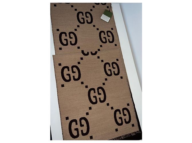 Sciarpa Gucci motivo GG lana e seta marrone beige - vista 4