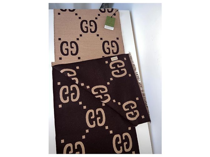 Sciarpa Gucci motivo GG lana e seta marrone beige - vista 6