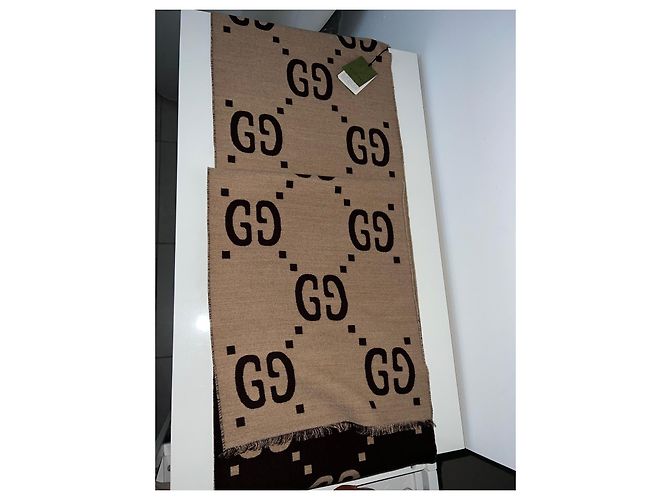 Sciarpa Gucci motivo GG lana e seta marrone beige - vista 7