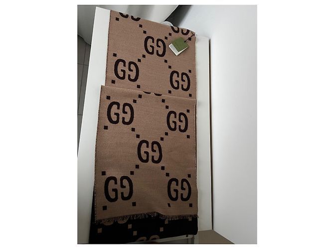 Sciarpa Gucci motivo GG lana e seta marrone beige - vista 8