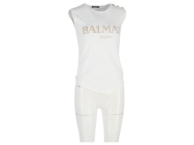 Camiseta sin mangas de algodón blanco con estampado del logo de Balmain Crudo - vista 4