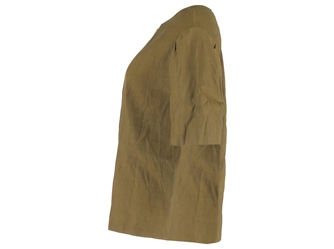 Blusa a maniche corte con spalle scese Dries Van Noten in lino khaki Verde Cachi - vista 2