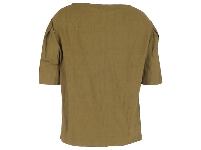 Blusa a maniche corte con spalle scese Dries Van Noten in lino khaki Verde Cachi - vista 3