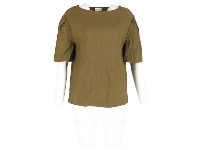 Blusa a maniche corte con spalle scese Dries Van Noten in lino khaki Verde Cachi - vista 4