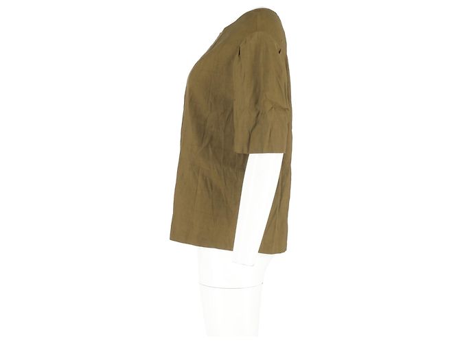 Blusa a maniche corte con spalle scese Dries Van Noten in lino khaki Verde Cachi - vista 5