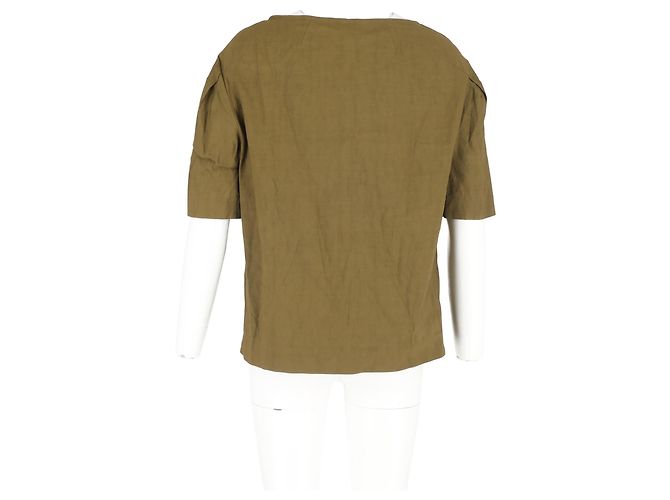 Blusa a maniche corte con spalle scese Dries Van Noten in lino khaki Verde Cachi - vista 6