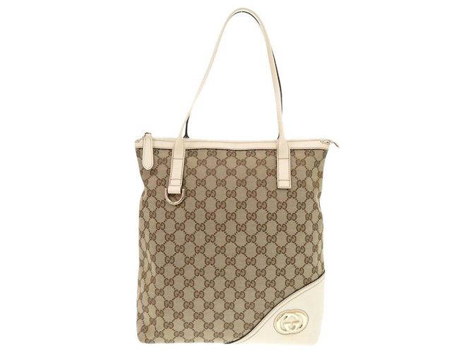 Gucci Beige GG Canvas und Leder Tote Bag Weiß - Ansicht 2