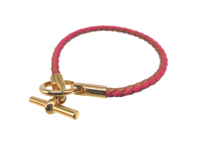 Hermès Bracciale charm in pelle e tela Hermes Marrone Rosa - vista 2
