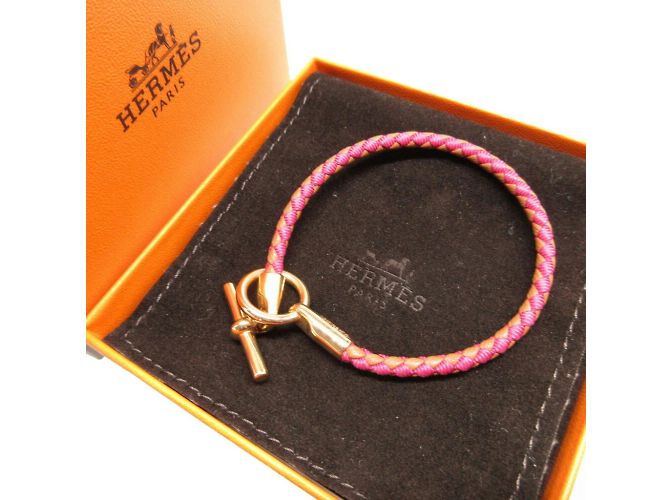 Hermès Bracciale charm in pelle e tela Hermes Marrone Rosa - vista 3