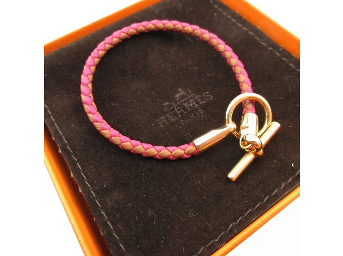Hermès Bracciale charm in pelle e tela Hermes Marrone Rosa - vista 4