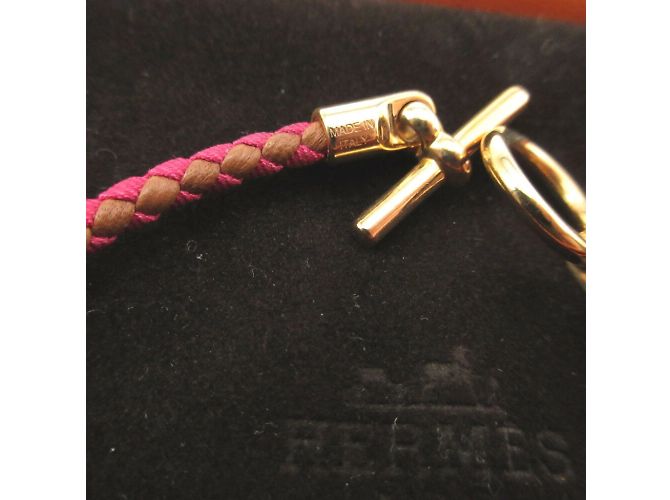 Hermès Bracciale charm in pelle e tela Hermes Marrone Rosa - vista 5
