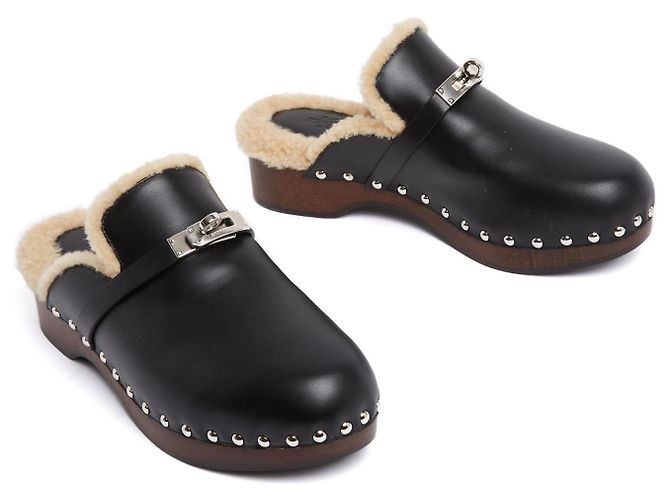 Hermès Mules Sabots Carlotta EU39 Schwarze Leder-Schaffell-Clogs UK6 US8.5 - Ansicht 2