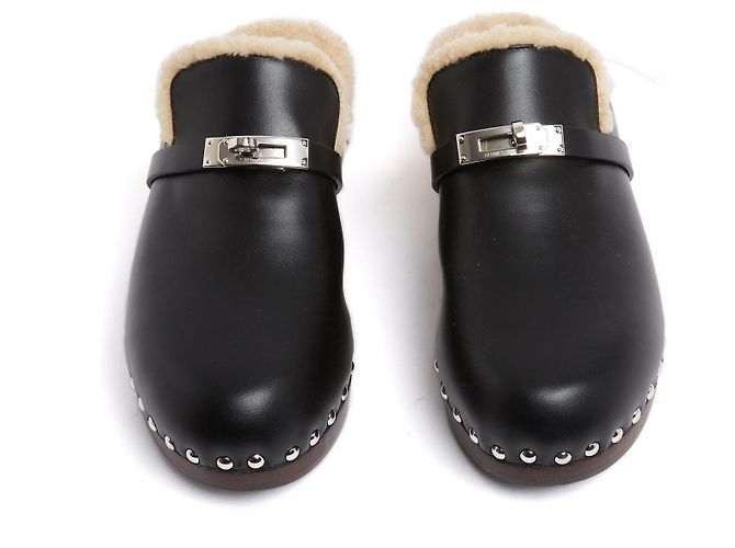 Hermès Mules Sabots Carlotta EU39 Schwarze Leder-Schaffell-Clogs UK6 US8.5 - Ansicht 3