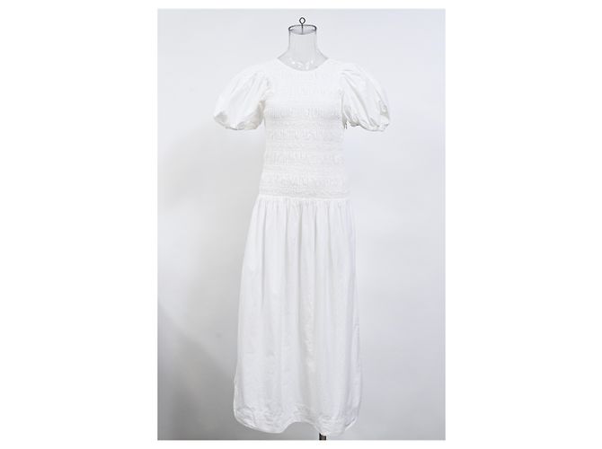 Vestido midi de popelina fruncida Ganni en algodón orgánico blanco - vista 6