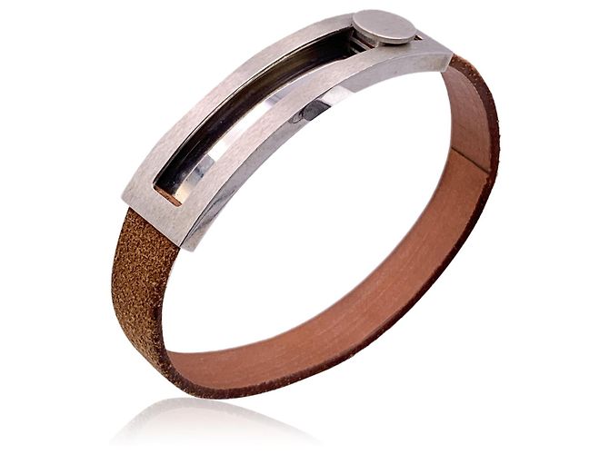 Hermès Bracciale Pousse Pousse in pelle marrone Hermes Paris metallo argento - vista 3