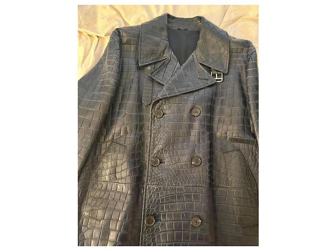 Cappotto Hermès in pelle di coccodrillo blu scuro - vista 5