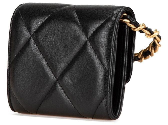 Chanel 19 Kartenhalter aus schwarzem, gestepptem Lammleder mit Kette - Ansicht 2
