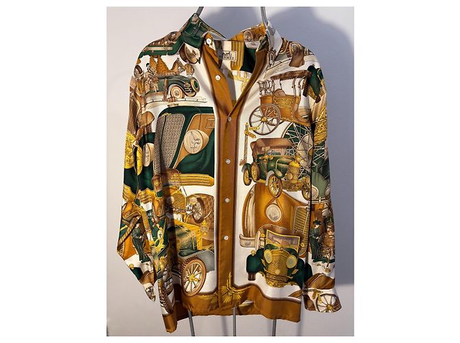 Hermès Camicia Hermés in Seta - Automobile Multicolore D'oro Verde Marrone chiaro - vista 2