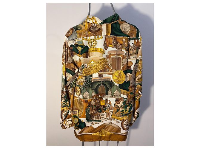 Hermès Camicia Hermés in Seta - Automobile Multicolore D'oro Verde Marrone chiaro - vista 3
