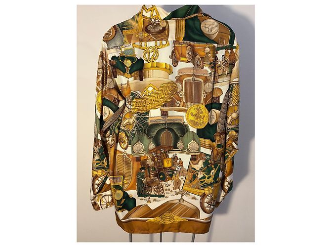 Hermès Camicia Hermés in Seta - Automobile Multicolore D'oro Verde Marrone chiaro - vista 5