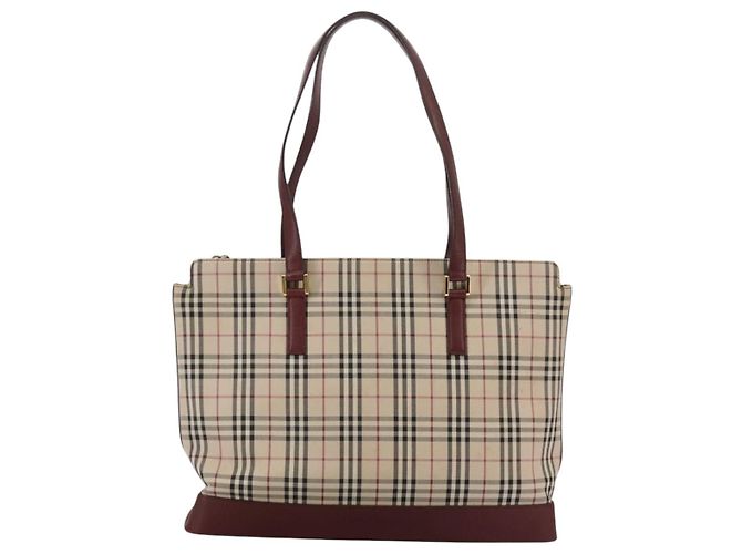 Burberry Nova Check Tote Bag aus Canvas Leder beige rot gold Auth 111118 Golden - Ansicht 13