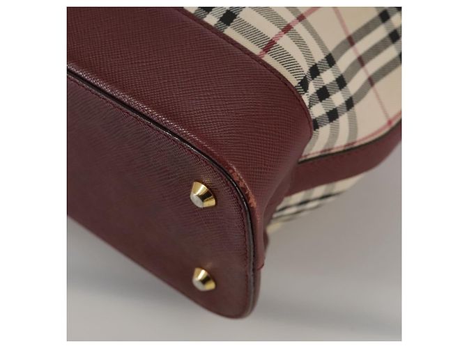 Burberry Nova Check Tote Bag aus Canvas Leder beige rot gold Auth 111118 Golden - Ansicht 15