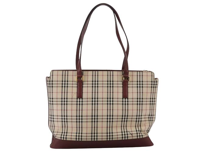 Burberry Nova Check Tote Bag aus Canvas Leder beige rot gold Auth 111118 Golden - Ansicht 2