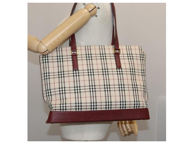 Burberry Nova Check Tote Bag aus Canvas Leder beige rot gold Auth 111118 Golden - Ansicht 24