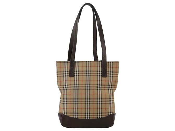 Borsa tote in tela e pelle Burberry Nova Check beige marrone scuro oro Auth 111205 D'oro - vista 2