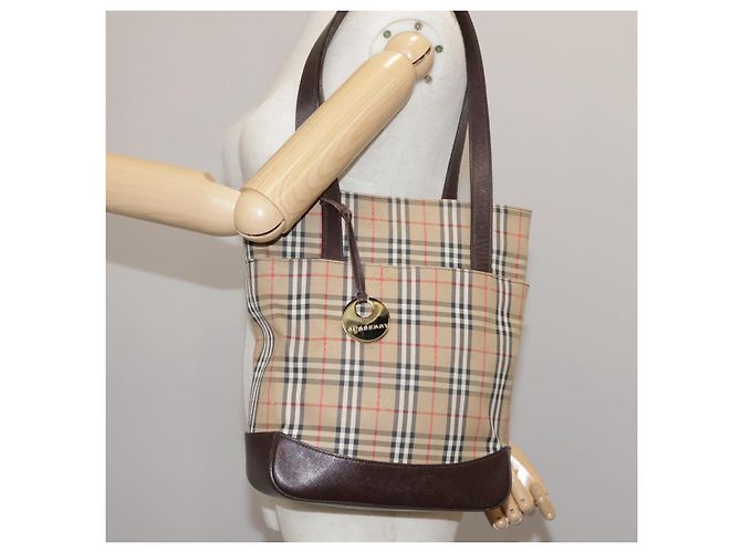 Borsa tote in tela e pelle Burberry Nova Check beige marrone scuro oro Auth 111205 D'oro - vista 21