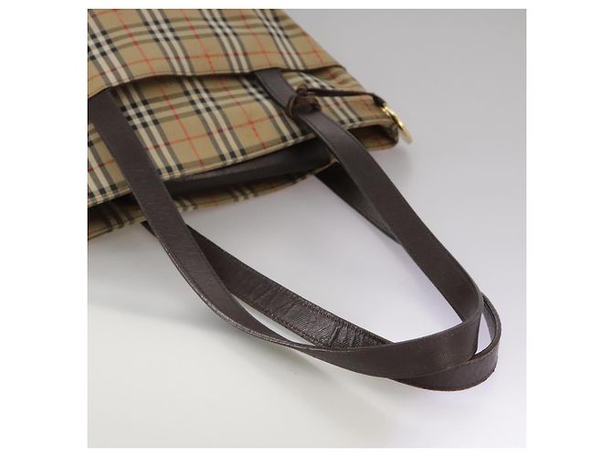 Borsa tote in tela e pelle Burberry Nova Check beige marrone scuro oro Auth 111205 D'oro - vista 7